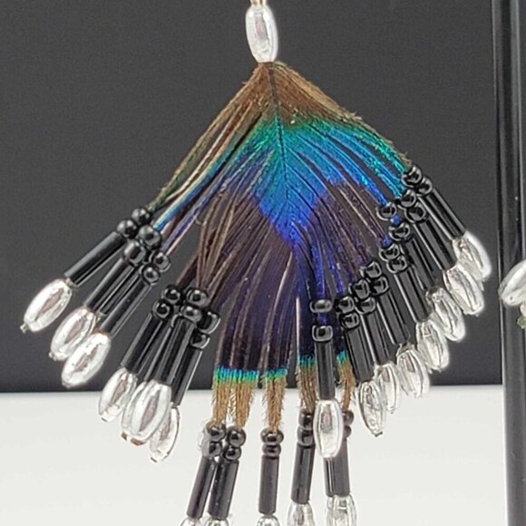 Beaded peacock feather earrings. GUC - Picture 4 of 7